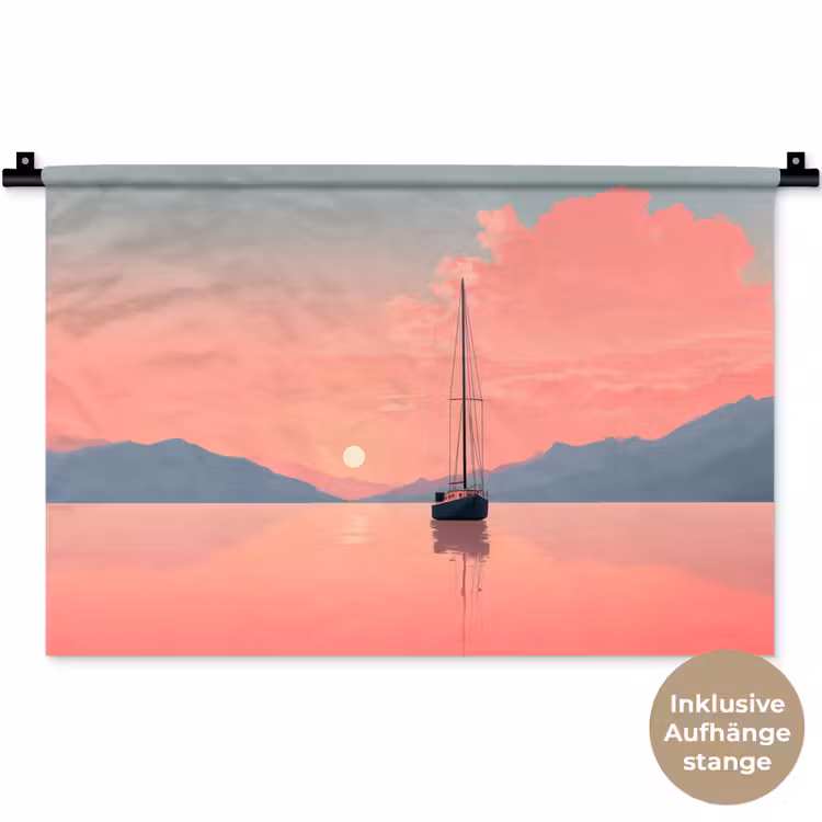 Zeilboot - Roze zee - Zonsondergang - Bergen Wandkleed katoen klein -t3d_DE
