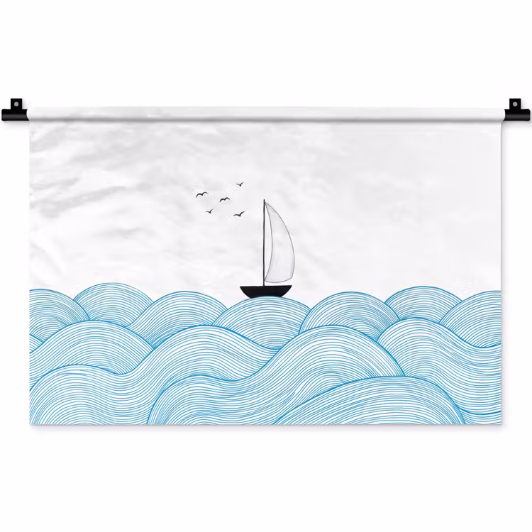 Zeilboot - Golven - Zee - Illustratie - Blauw Wandkleed katoen klein -zz3d