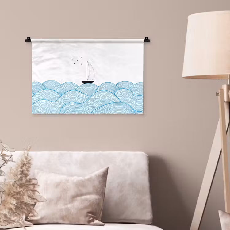 Zeilboot - Golven - Zee - Illustratie - Blauw Wandkleed katoen klein -sfeer4