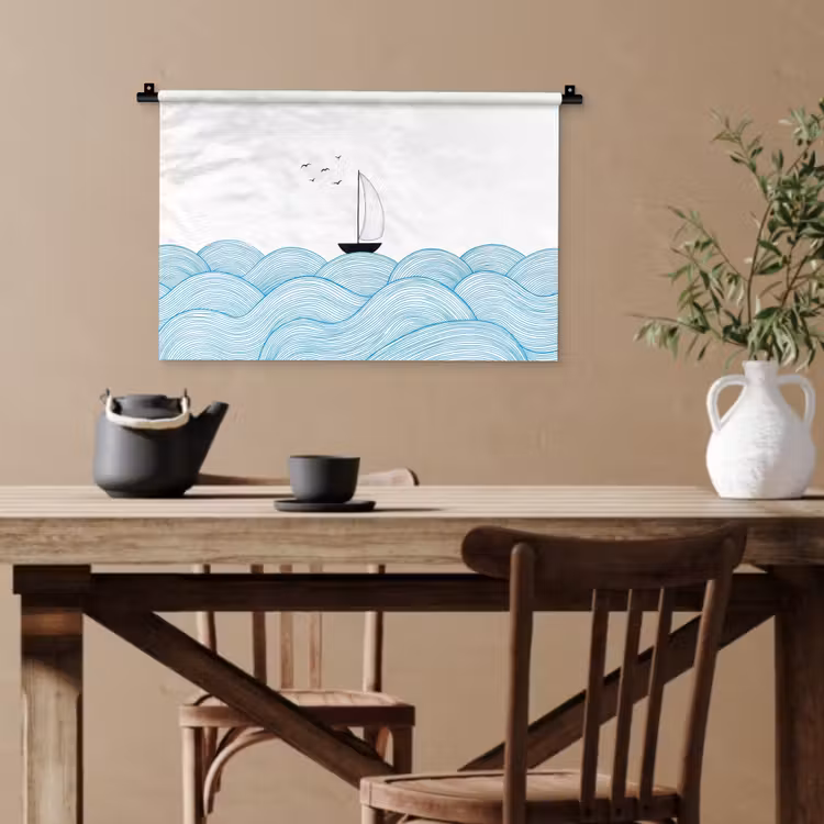 Zeilboot - Golven - Zee - Illustratie - Blauw Wandkleed katoen klein -sfeer6