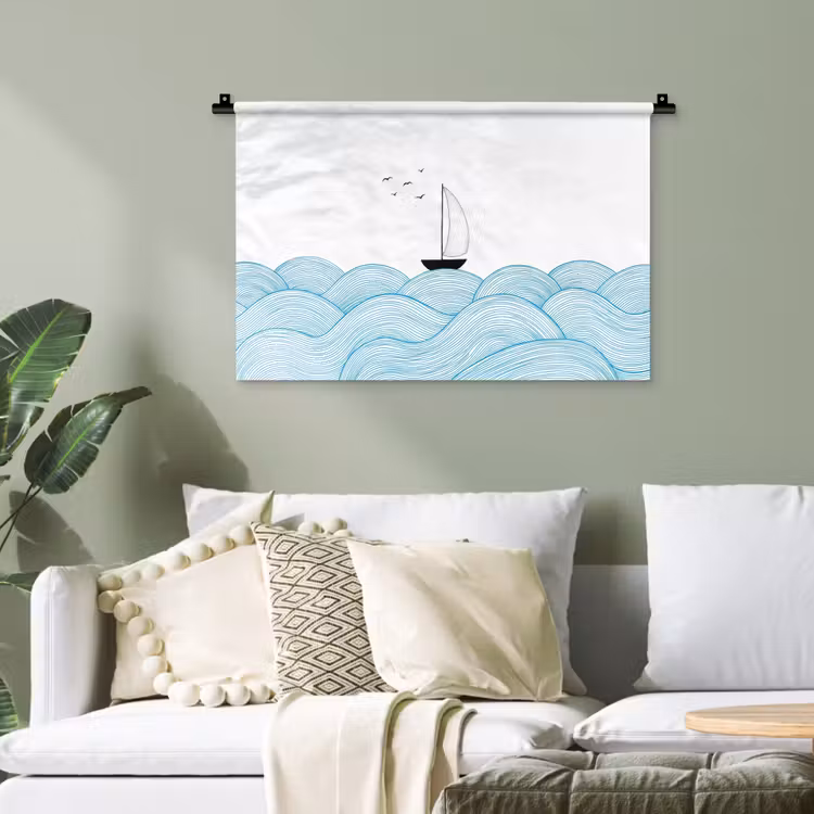 Zeilboot - Golven - Zee - Illustratie - Blauw Wandkleed katoen klein -sfeer7