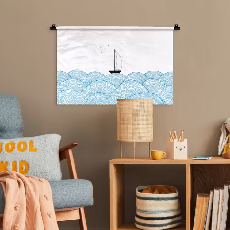 Zeilboot - Golven - Zee - Illustratie - Blauw Wandkleed katoen klein -wsfeer4_kind