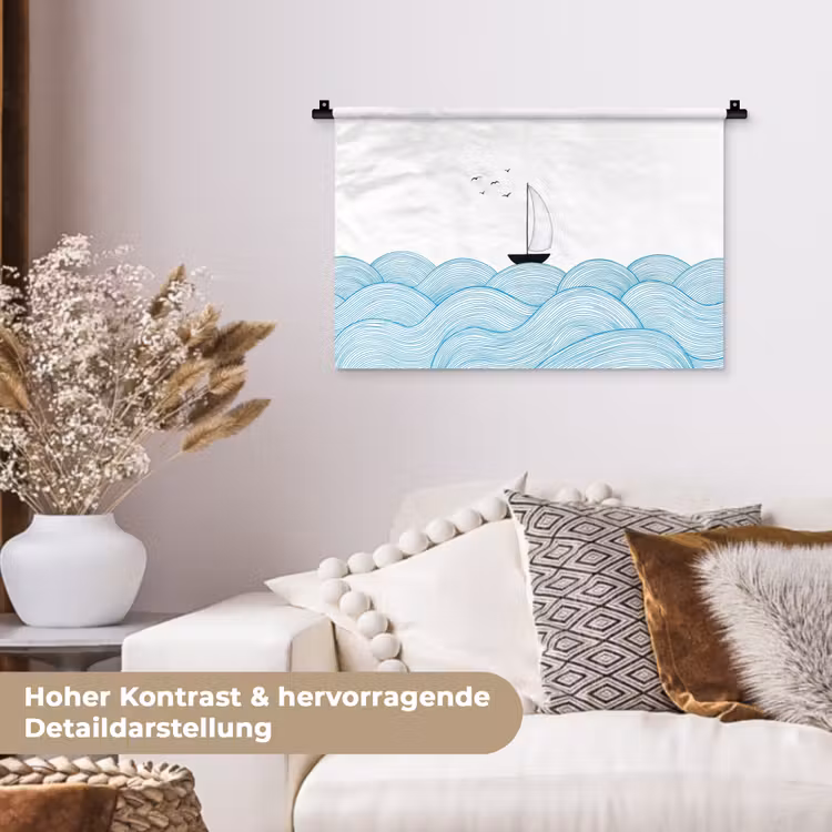 Zeilboot - Golven - Zee - Illustratie - Blauw Wandkleed katoen klein -tsfeer1_DE