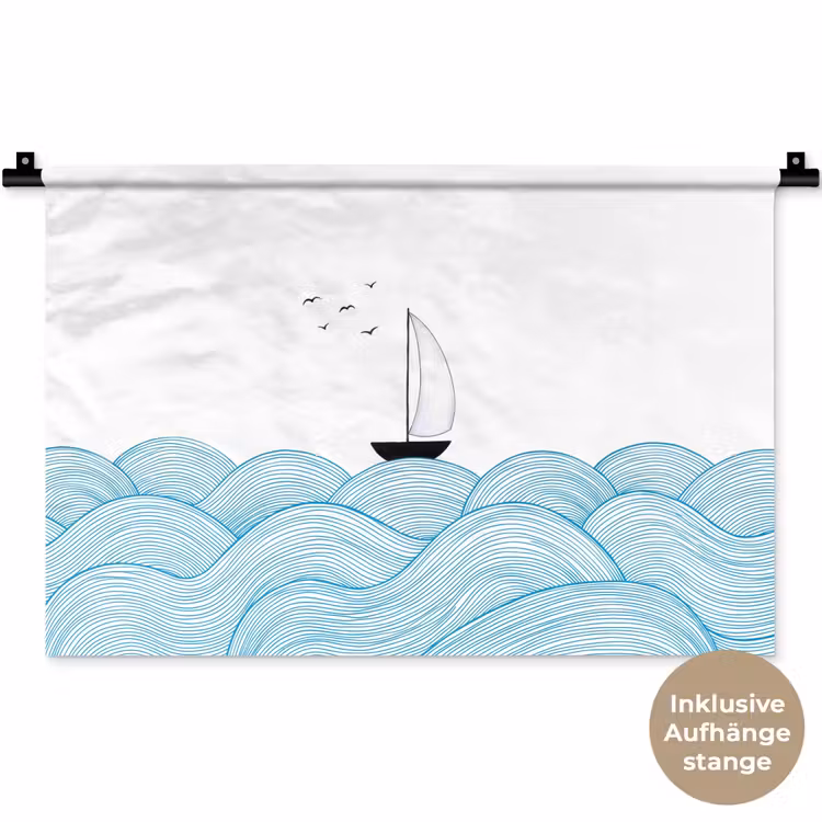 Zeilboot - Golven - Zee - Illustratie - Blauw Wandkleed katoen klein -t3d_DE