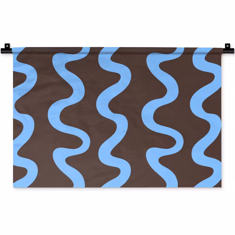 Kronkelende lijnen - Blauw - Bruin - Minimalistisch Wandkleed katoen klein 269 -zz3d