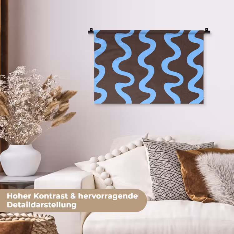 Kronkelende lijnen - Blauw - Bruin - Minimalistisch Wandkleed katoen klein 269 -tsfeer1_DE