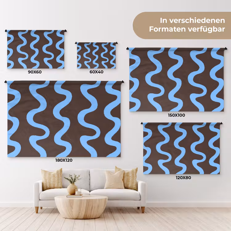 Kronkelende lijnen - Blauw - Bruin - Minimalistisch Wandkleed katoen klein 269 -tsfeer8_DE