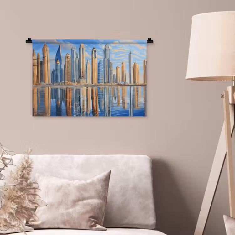 Skyline - Wolkenkrabbers - Water - Blauw Wandkleed katoen klein -sfeer4