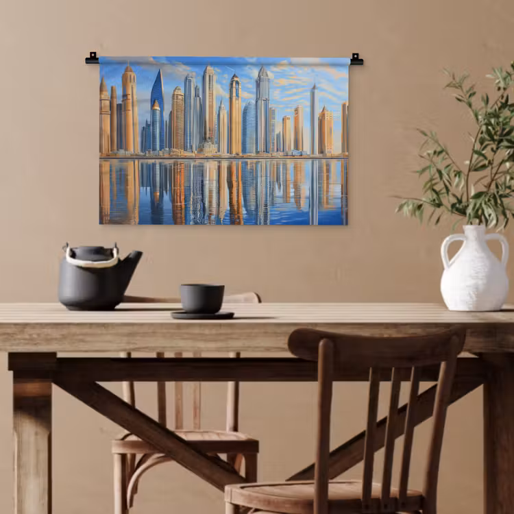 Skyline - Wolkenkrabbers - Water - Blauw Wandkleed katoen klein -sfeer6