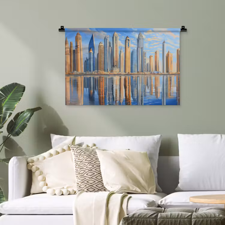 Skyline - Wolkenkrabbers - Water - Blauw Wandkleed katoen klein -sfeer7