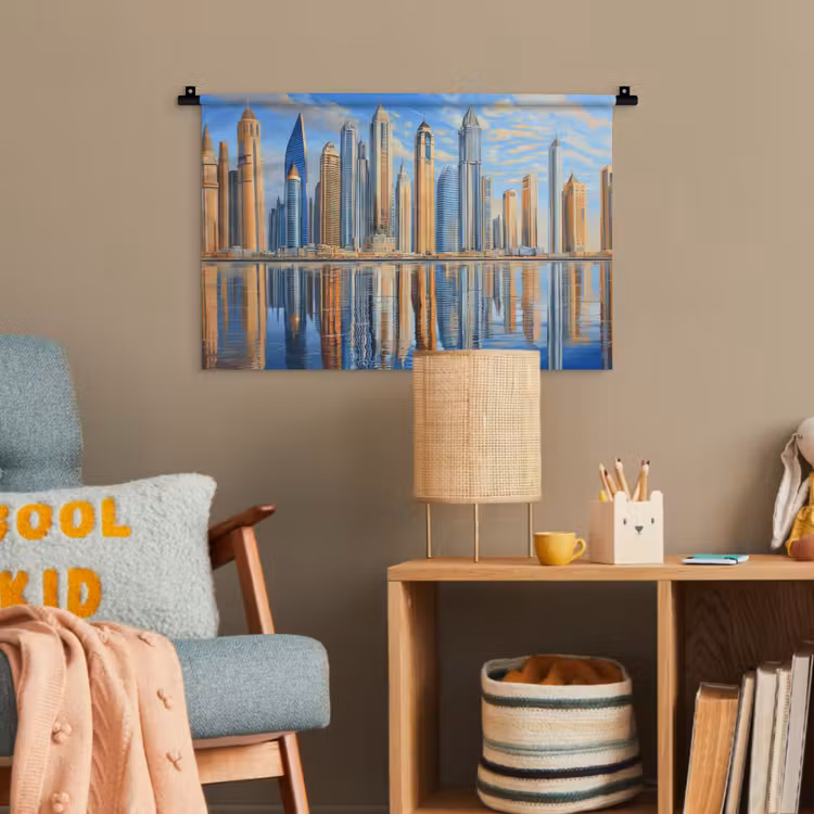 Skyline - Wolkenkrabbers - Water - Blauw Wandkleed katoen klein -wsfeer4_kind