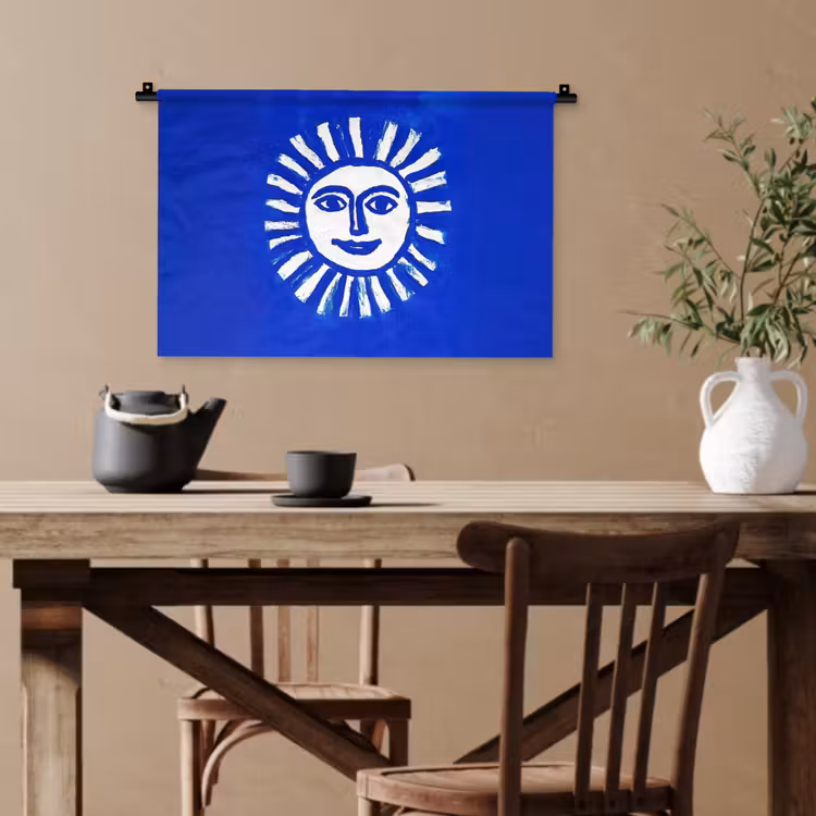 Zon - Gezicht - Penseelstructuur - Blauw Wandkleed katoen klein -sfeer6