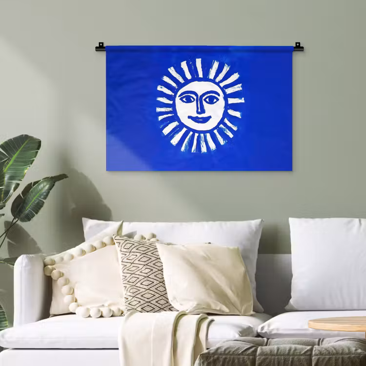 Zon - Gezicht - Penseelstructuur - Blauw Wandkleed katoen klein -sfeer7