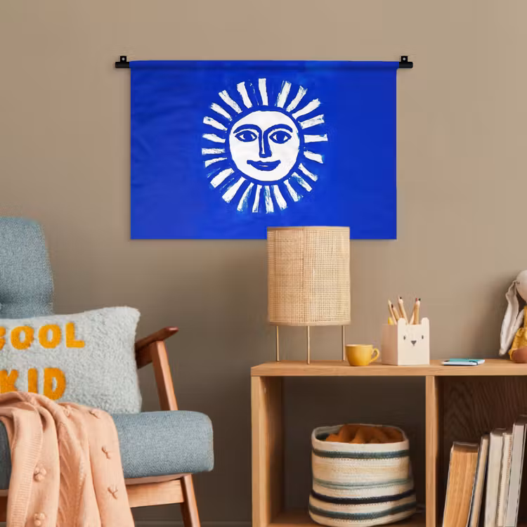 Zon - Gezicht - Penseelstructuur - Blauw Wandkleed katoen klein -wsfeer4_kind