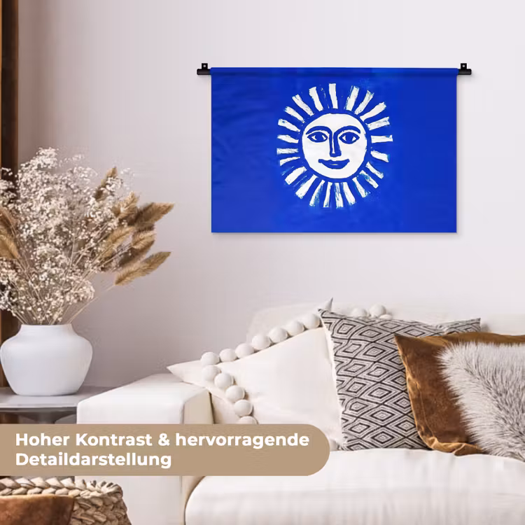 Zon - Gezicht - Penseelstructuur - Blauw Wandkleed katoen klein -tsfeer1_DE