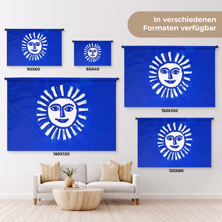 Zon - Gezicht - Penseelstructuur - Blauw Wandkleed katoen klein -tsfeer8_DE