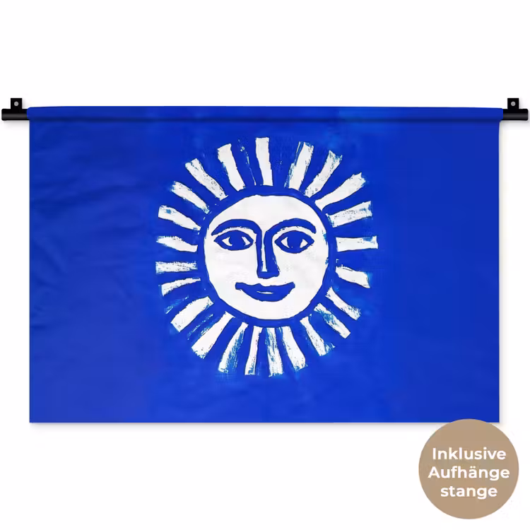 Zon - Gezicht - Penseelstructuur - Blauw Wandkleed katoen klein -t3d_DE
