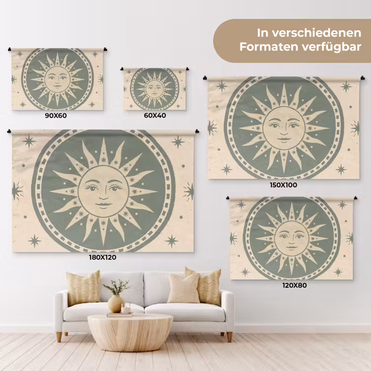 Zon - Sterren - Astrologie - Vintage - Groen Wandkleed katoen klein -tsfeer8_DE