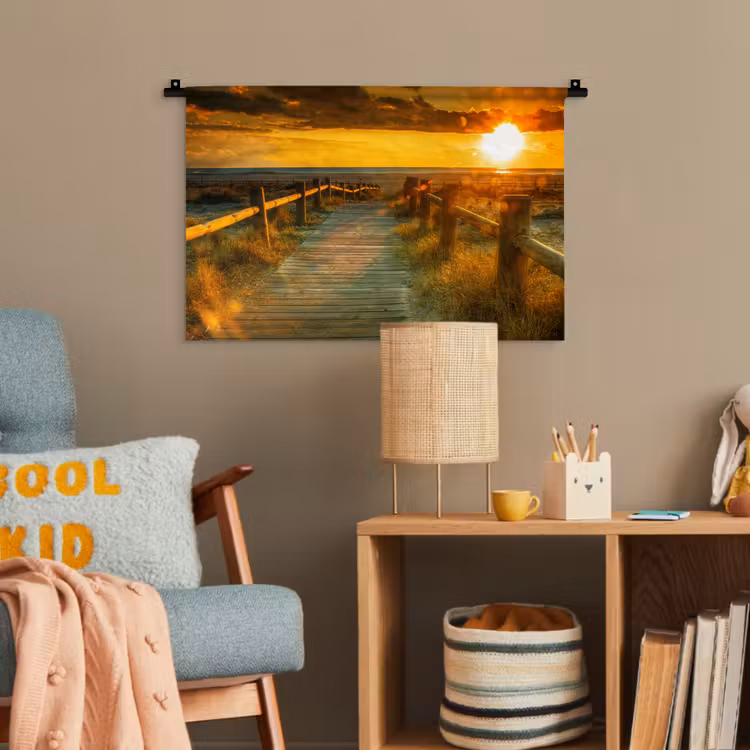 Zon - Strand - Duin - Horizon - Gras - Pad - Oranje Wandkleed katoen klein -wsfeer4_kind