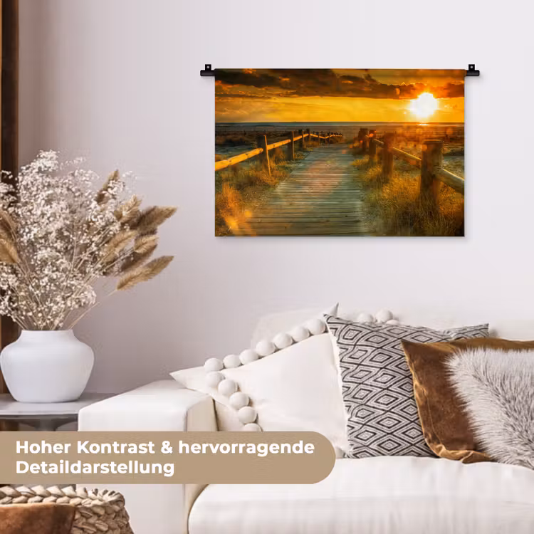 Zon - Strand - Duin - Horizon - Gras - Pad - Oranje Wandkleed katoen klein -tsfeer1_DE