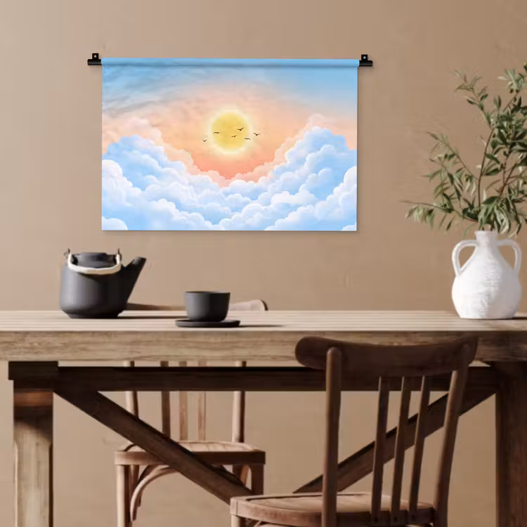 Zon - Vogels - Lucht - Natuur - Geel Wandkleed katoen klein -sfeer6