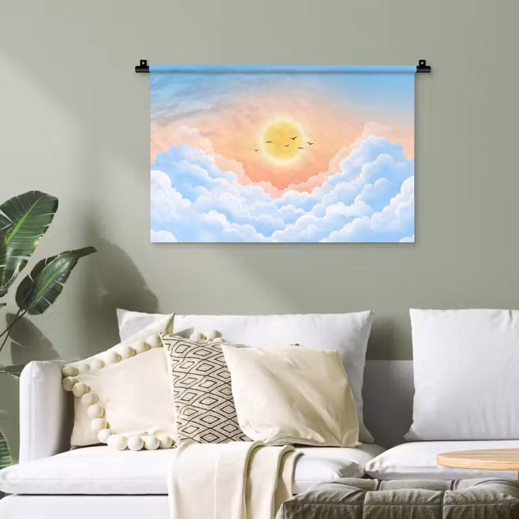 Zon - Vogels - Lucht - Natuur - Geel Wandkleed katoen klein -sfeer7