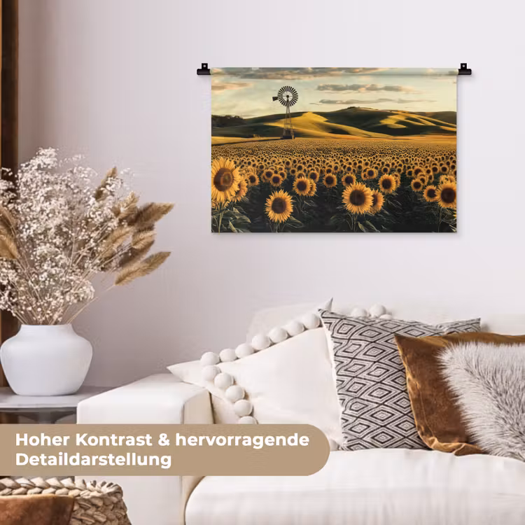 Zonnebloem - Veld - Windmolen Wandkleed katoen klein -tsfeer1_DE