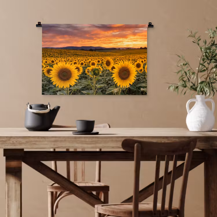 Zonnebloemen - Heuvellandschap - Geel Wandkleed katoen klein -sfeer6
