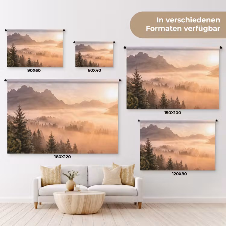 Zonlicht - Mist - Bergen - Bomen Wandkleed katoen klein -tsfeer8_DE