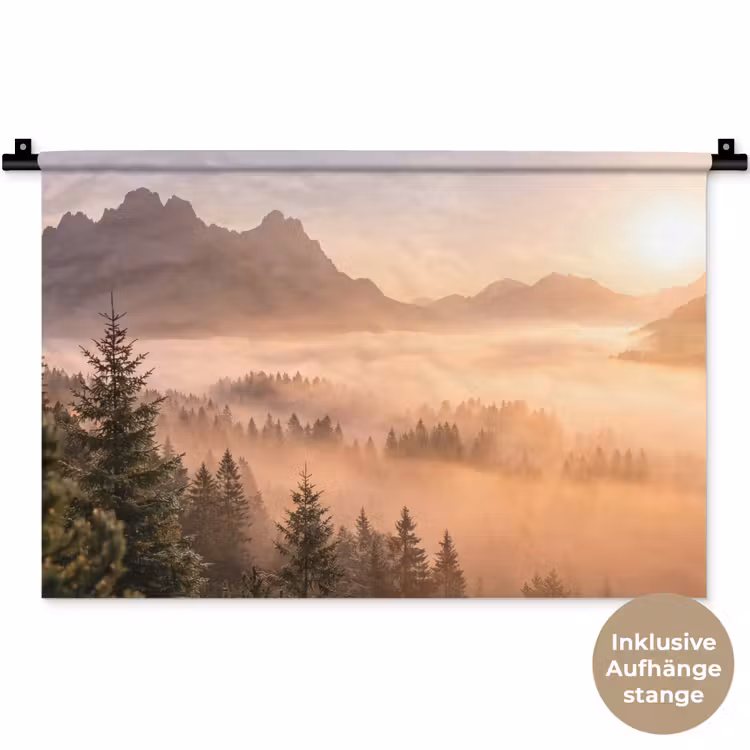 Zonlicht - Mist - Bergen - Bomen Wandkleed katoen klein -t3d_DE