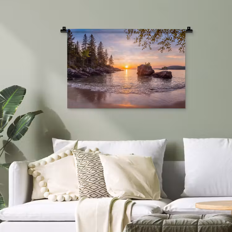 Zonsondergang - Kust - Water - Natuur - Oranje Wandkleed katoen klein -sfeer7