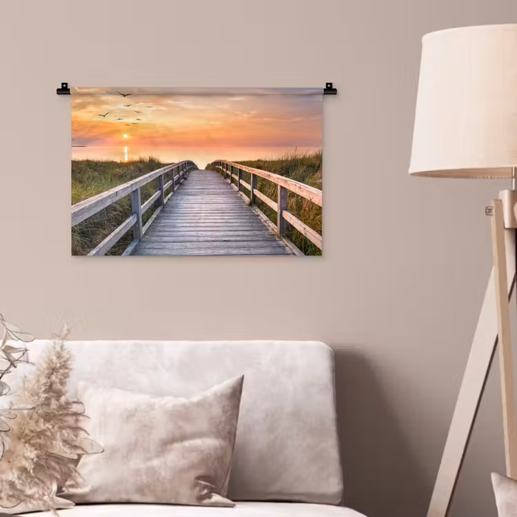 Zonsonderang - Zee - Pad - Gras - Duin - Vogels Wandkleed katoen klein -sfeer4