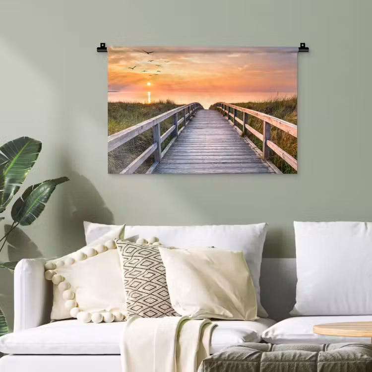 Zonsonderang - Zee - Pad - Gras - Duin - Vogels Wandkleed katoen klein -sfeer7