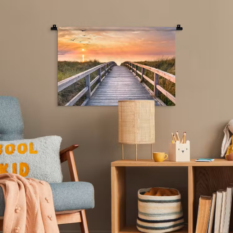 Zonsonderang - Zee - Pad - Gras - Duin - Vogels Wandkleed katoen klein -wsfeer4_kind