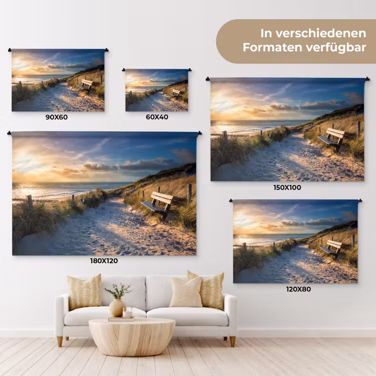 Zonsondergang - Strand - Duin - Gras - Bank Wandkleed katoen klein -tsfeer8_DE