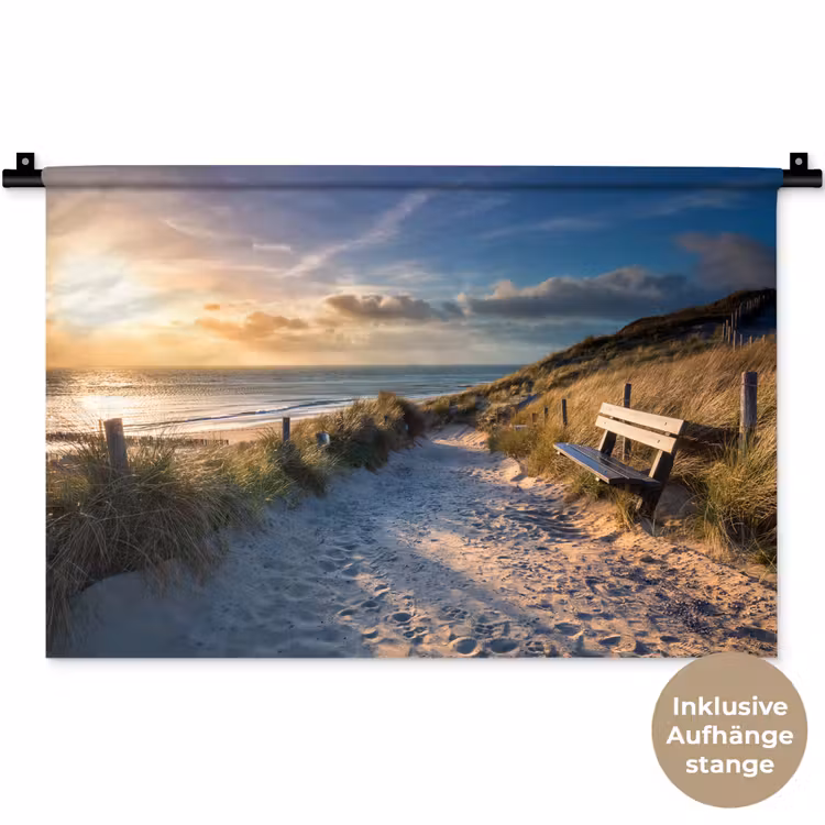 Zonsondergang - Strand - Duin - Gras - Bank Wandkleed katoen klein -t3d_DE
