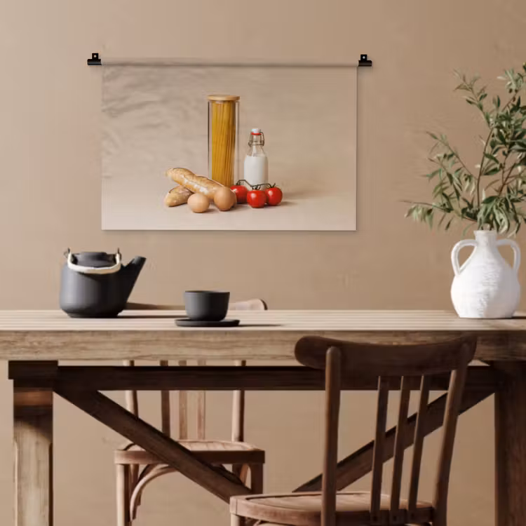 Spaghetti - Melk - Tomaten - Eieren - Brood Wandkleed katoen klein -sfeer6