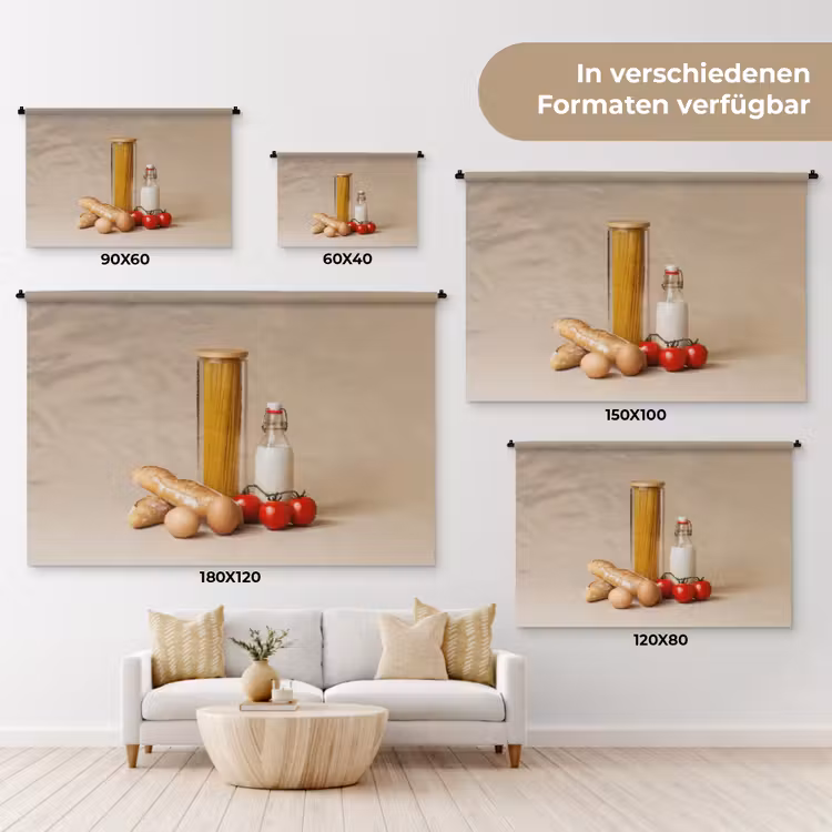 Spaghetti - Melk - Tomaten - Eieren - Brood Wandkleed katoen klein -tsfeer8_DE