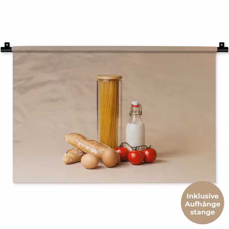 Spaghetti - Melk - Tomaten - Eieren - Brood Wandkleed katoen klein -t3d_DE