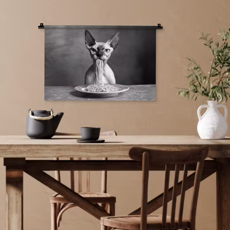 Sphynx - Kat - Dieren - Humor - Spaghetti - Zwart Wit Wandkleed katoen klein -sfeer6