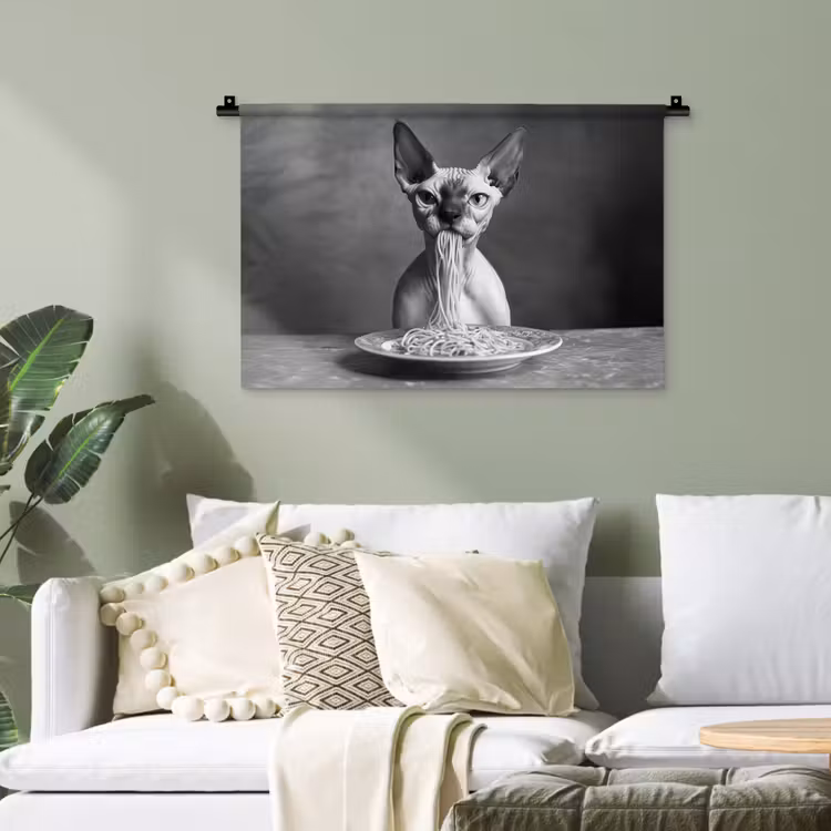 Sphynx - Kat - Dieren - Humor - Spaghetti - Zwart Wit Wandkleed katoen klein -sfeer7