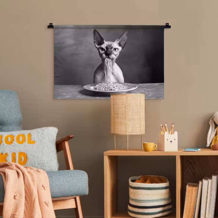 Sphynx - Kat - Dieren - Humor - Spaghetti - Zwart Wit Wandkleed katoen klein -wsfeer4_kind