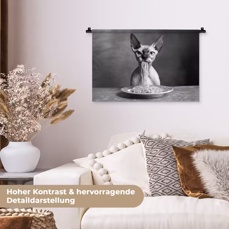 Sphynx - Kat - Dieren - Humor - Spaghetti - Zwart Wit Wandkleed katoen klein -tsfeer1_DE