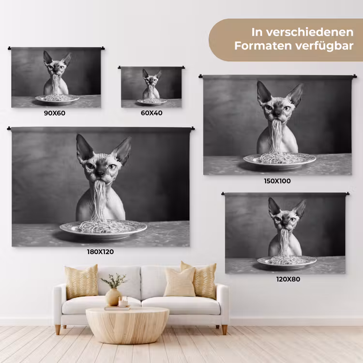 Sphynx - Kat - Dieren - Humor - Spaghetti - Zwart Wit Wandkleed katoen klein -tsfeer8_DE