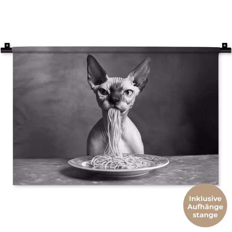 Sphynx - Kat - Dieren - Humor - Spaghetti - Zwart Wit Wandkleed katoen klein -t3d_DE