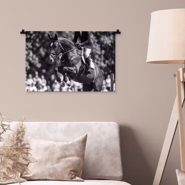 Springen - Paard - Zwart - Wit Wandkleed katoen klein -sfeer4
