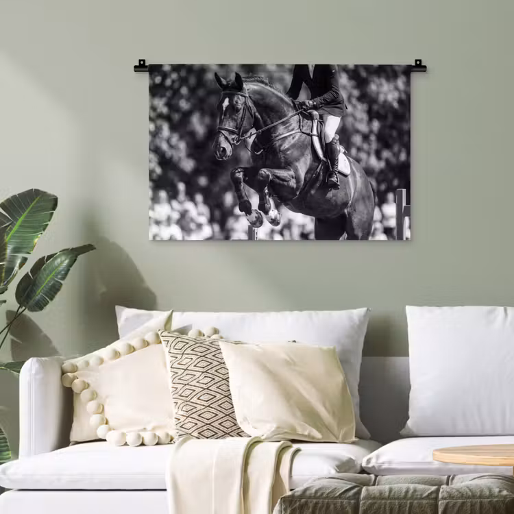 Springen - Paard - Zwart - Wit Wandkleed katoen klein -sfeer7