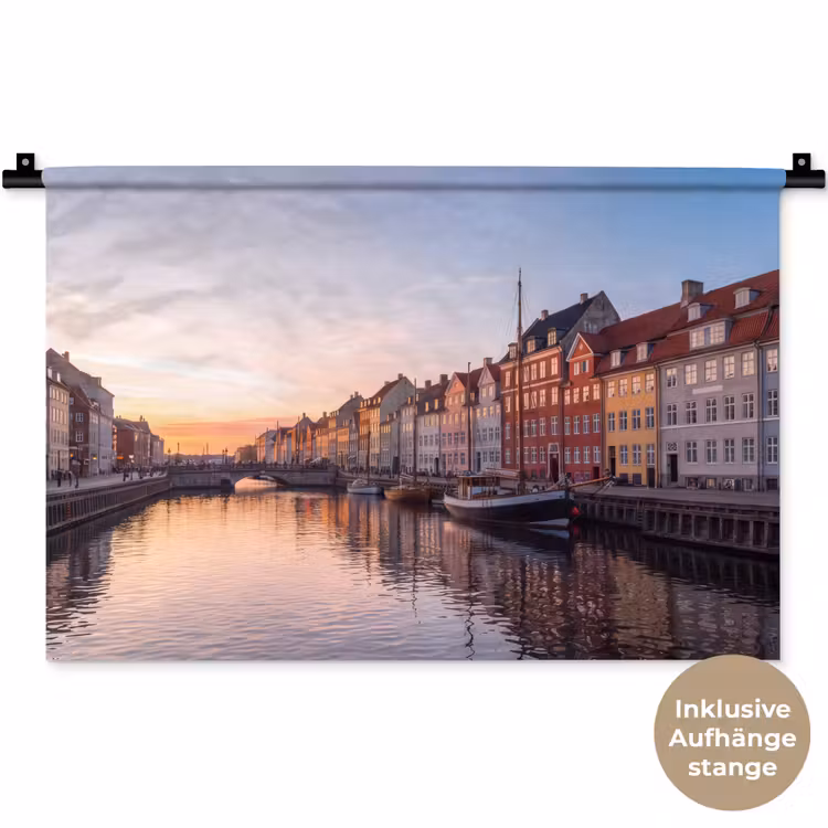 Stad - Gracht - Zonsondergang - Klassiek - Kleurrijk Wandkleed katoen klein -t3d_DE
