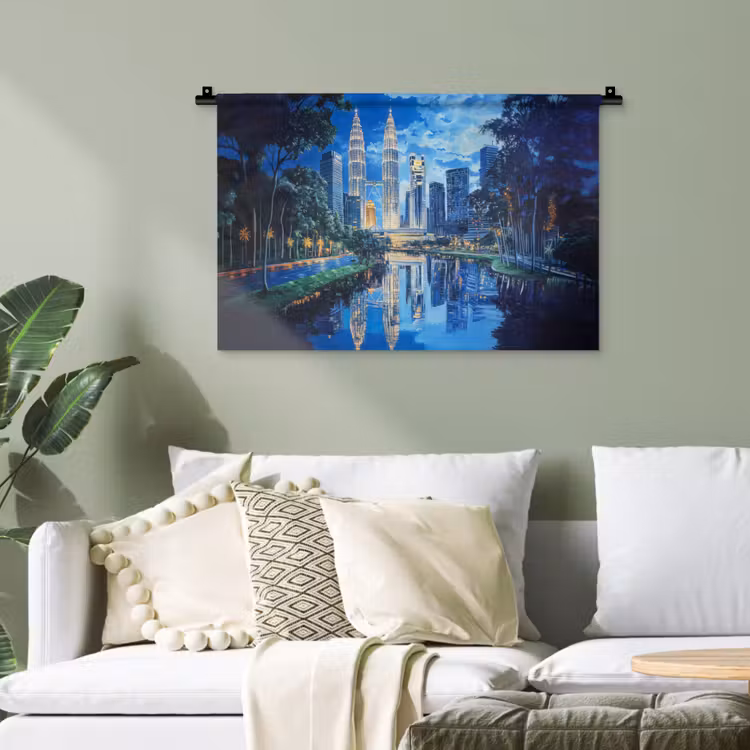 Stad Kuala Lumpur - Skyline - Wolkenkrabbers - Water Wandkleed katoen klein -sfeer7