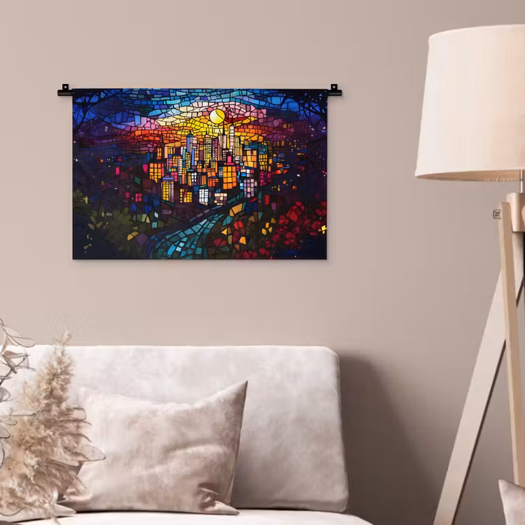 Stad - Maan - Mozaïek - Kleurrijk Wandkleed katoen klein -sfeer4
